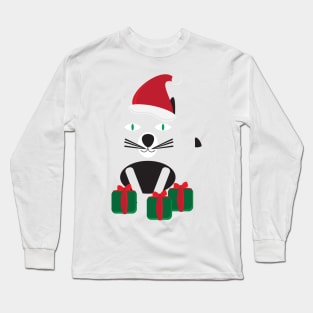 White Black Cartoon Cat with Santa Hat and Green Red Gifts Long Sleeve T-Shirt